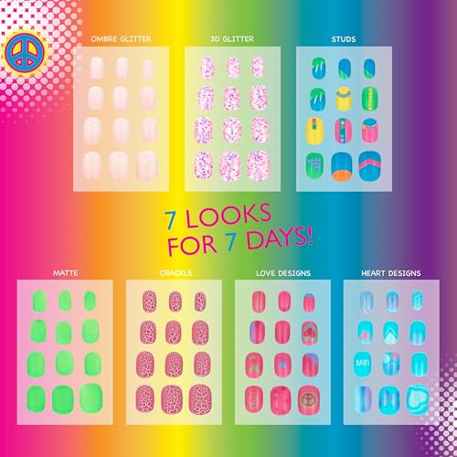7 Day Manicure Collection - 84PC Press On Nail Set, Day-of-The-Week Adhesive False Nails for Girls (Set of Brights or Pastels) – Colorful Novelty Designs Stick On Nails for Kids