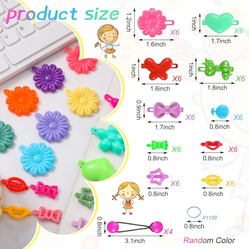 WILLBOND 1184 Pcs Hair Barrettes for Girls, Kids Barrettes Accessories Self Hinge Elastic Hair Ties Bands Assorted Ponytail Holders Cartoon Design Baby Clip Multicolor Rubber Band for Toddler