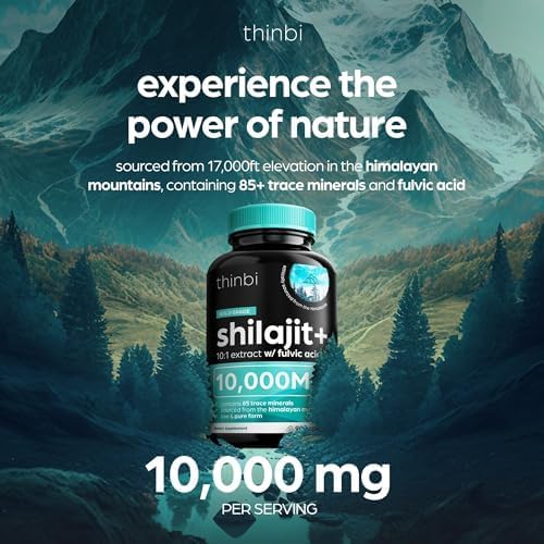 Thinbi Pure Himalayan Shilajit 10000mg Maximum Potency Organic Capsules 90 Count with Fulvic Acid & Trace Minerals for Enhanced Energy and Immune Support Men & Women Better Than Shilajit Resin