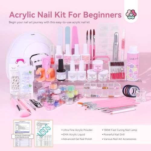 Saviland Acrylic Nail Kit for Beginners: Keratin Acrylic Powder Castor Oil Vitamin E Gel Nail Polish Primer 180W Nail Lamp Nail Drill Full Tools Everything Home Starters