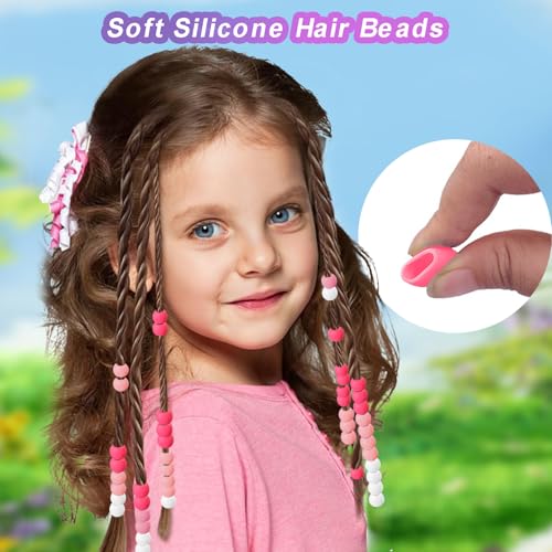 90 Pcs Silicone Hair Beads for Women Girls Braids, Soft Colorful Pony Beads Bulk for Kids Girls Women Hair Accessories for Braids (Pink)