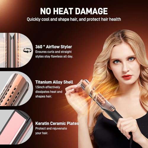 Dual-Voltage Curling Iron - 360° Airflow Styler Curling Iron 1 1/2 inch, Titanium Hair Straightener and Curler 2 in 1 for Women, for Lasting Curls, 4 Temps, Europe Travel 110V-240V