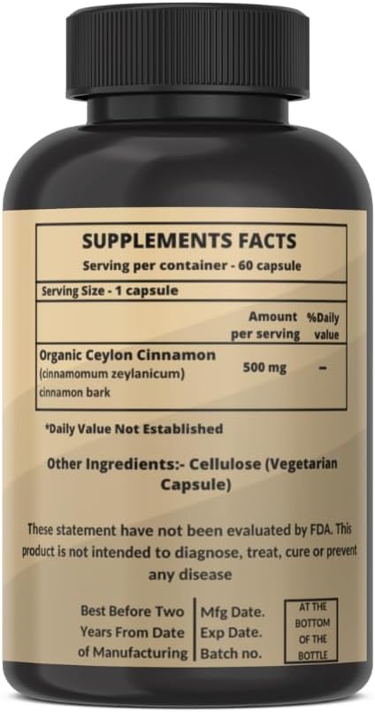Organic Ceylon Cinnamon Capsules| Pack of 60| Free from additives, preservatives, and Artificial Flavoring|100% Pure| Unflavored, Herbal Natural Supplement| Vegan, Non-GMO and Chemical Free