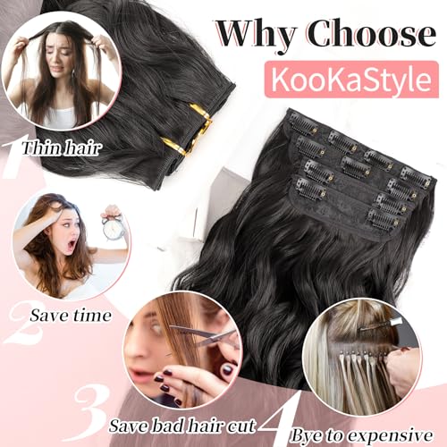 KooKaStyle Clip in Synthetic Hair Extensions Long Wavy 4PCS Thick Hairpieces Black Fiber Double Weft Natural Hair Extensions 24 Inch for Women