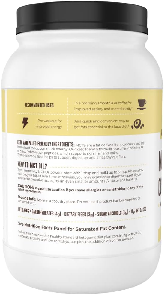 32oz Vanilla Keto MCT Powder + Collagen + Prebiotic Acacia Fibre. MCT Creamer. MCT Oil Powder from Coconuts. MCT Collagen Powder, Grass Fed, Perfect for Keto, 0 Net Carb, Stevia, Erythritol