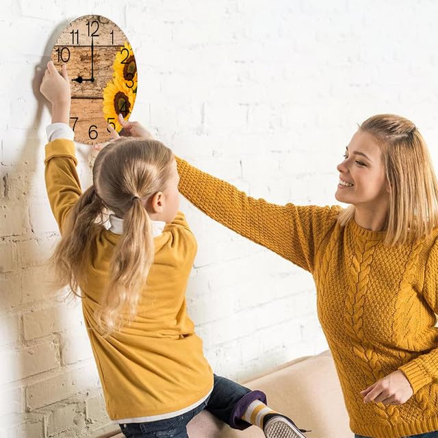 Geroclonup Sunflower Wooden Silent Non Ticking Clock 25cm, Round Wall Clock,Decorative for Living Room, Kitchen, Home,Bathroom, Bedroom, Office or School, Decor on Wood