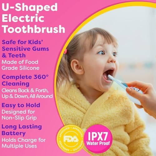 Trueocity Kids U Shape Toothbrush Auto Electric Toddler Rechargeable Kids Automatic Toothbrush | 360° U-Shaped Silicone Brush Head | Gentle Cleaning for Ages 2–7 | Unicorn Design (Pink)