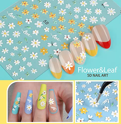 Teenitor 12 Sheets Nail Art Sticker Self-Adhesive, Flower Nail Stickers 5D Embossed Nail Decals, 5 Boxes Nail Glitter Sequins Flakes, Nail Art Design Tools Self Adhesive