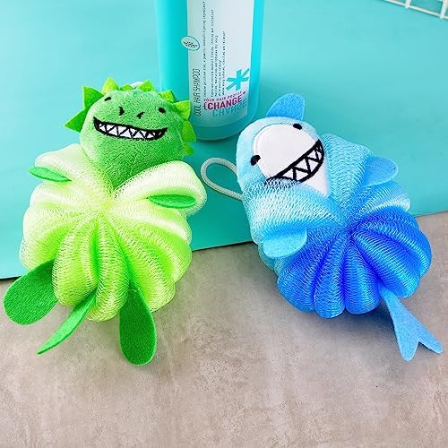 2 Pack Fun Bubble Bath Kid Loofahs, Cute Animal Loofah Bath Sponge, Shower Puffs Body Scrubber, Fun Bath Sponges - Shark and Dinosaur