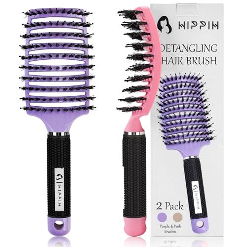 Boar Bristle Hair Brush Set of 2, HIPPIH Wet & Dry Hair Brushes Made by Fine Natural Boar Hair Can Adds Shine and Smoothing, Detangling Hairbrush for Women, Men & Kids' Long Curly Thick Hair