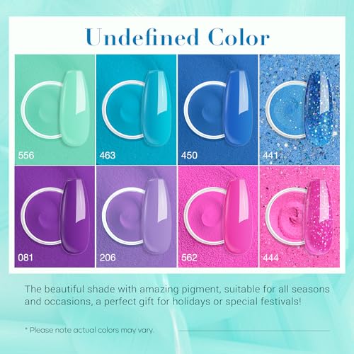 AZUREBEAUTY Dip Nail Powder Starter Kit with Matte Coat, 8 Colors Hot Pink Blue Purple Glitter Spring Dipping Powder Liquid Set with Base/Top Coat Activator 10 Nail Sticks for French Manicure
