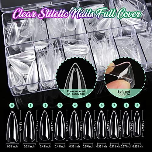 Teenitor Clear Stiletto Nail Tips Full Cover, Long Stiletto Nails Tips For Acrylic Nails, 600 Pcs Almond Stiletto Shape Fake Nails Tips With Glue, Acrylic Nail Clipper, Nail Stand Clear Glue On Nails