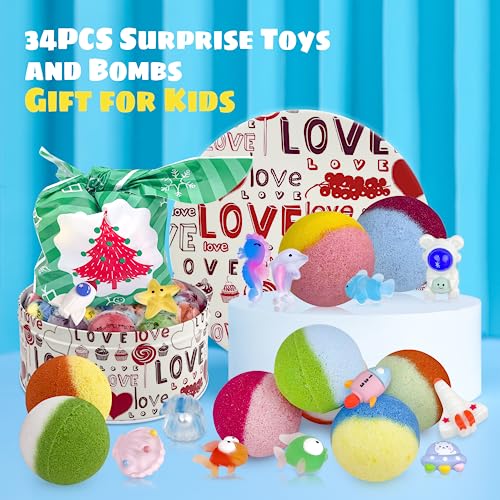 DOVIPE 34PCS Bath Bombs for Kids with Toys Inside Girls and Boys, Surprise Bath Bombs with Ocean Animals and Space Planet Toys Inside, Natural Organic Bubble Bath Fizzies, Gift Tin Box for Christmas