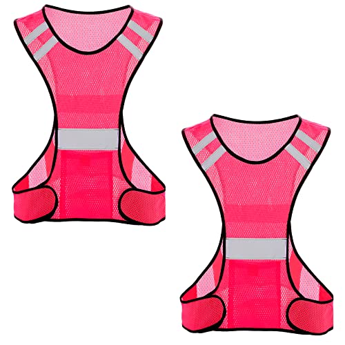 Reflective Running Vest for Men Women, High Visibility Safety Vest with Large Pocket, Lightweight Reflective Running Gear for Motorcycle,Cycling,Jogging,Walk At Night, Adjustable Waist, 2 PCS, Pink