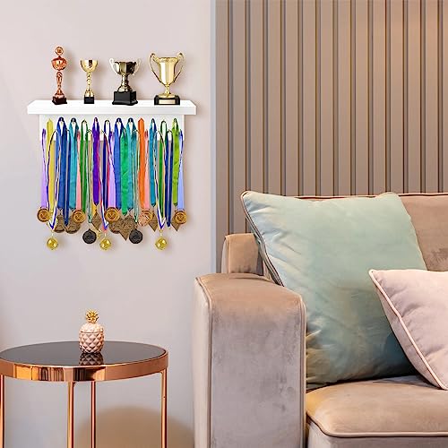DSVENROLY Medal Holder Display Trophy Shelf Organizer,Sturdy Wooden Medal Trophy Hanger Rack with 25 Steel Hooks, Wall Mount Medal Hanger for Race Medals Trophies Easy to Install(Brown)