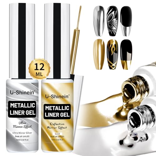 2x12ml Metallic Mirror Nail Polish, Ultra Mirror Silver & Gold Metal Painted Drawing with Thin Brush, Chrome Gel Polish Nail Art Gel Liner Soak Off DIY