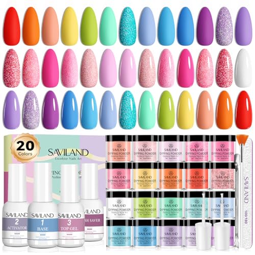 SAVILAND Dip Powder Nail Kit - 20 Summer Neon Colors with Base/Top/Activator/Brush Saver, Dipping Powder System for Starter with Keratin & Vitamin E Formula for Long-Lasting Home Manicure