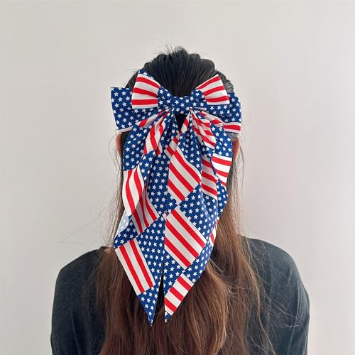 4th of July Hair Bows for Women,Big Ribbon Bow Hair Clips for Girls, Oversized Long Tail Hair Barrettes Cute Hair Accessories (Red Blue White)