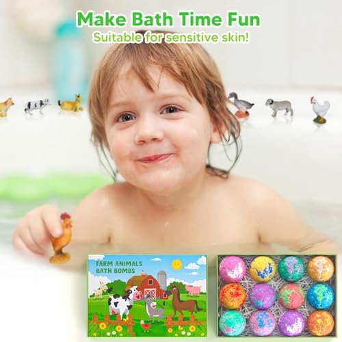 Kids Bath Bombs with Surprise Inside for Girls Boys Toddlers, 12 Pack Organic Bath Bombs for Kids with Farm Animals Toys Inside, Safe Handmade Bubble Bath Fizzy Dino Bath Bomb Easter Birthday Gift