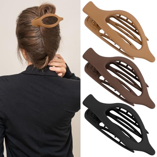 Flat Hair Clips for Women - 3Pcs French Concord Large Claw Clips for Thin Thick Hair - Matte Neutral Jaw Clamps Accessories in Brown Black