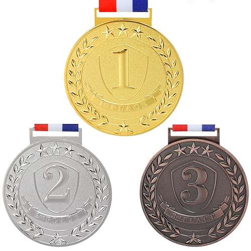 Abaokai 1st, 2nd, 3rd Award Medals - -Winner Medals,Large Metal Award Medals with Smooth Ribbon - Perfect for School Competitions,Party,Students, Olympic Style 3 Inches (Gold Silver Bronze-12 pcs)