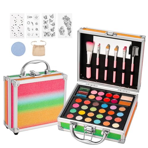 Anpro All-In-One Makeup Carry Case with Pro Teen Makeup Set, Full Starter Cosmetics Kit with Makeup Brushes, Eye Shadows Palette, Blushes, Glitter Gel, Temporary Tattoo Stickers