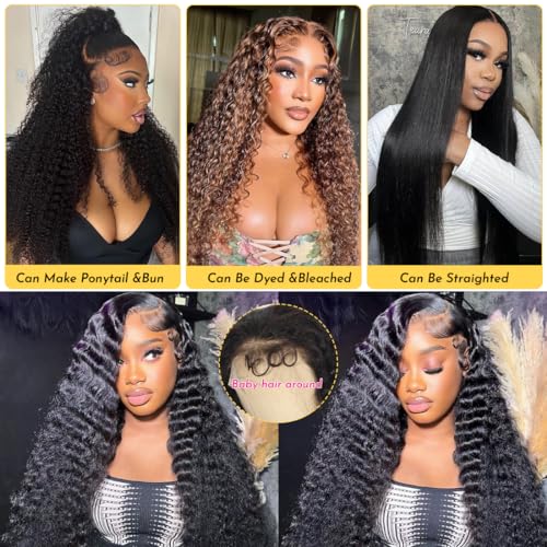 28 Inch 13x6 Deep Wave Lace Front Wigs Human Hair Deep Wave Frontal Wig 13x6 HD Lace Front Wigs Human Hair Pre Plucked 180 Density Glueless Virgin Deep Wave Wig for Women Natural Color