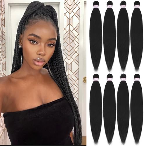 Pre Stretched Braiding Hair 8 Packs 24 Inch Professional Pre Stretched Crochet Hair For Human Braiding Or Twist Natural Black Yaki Perm Straight Synthetic Hair Extension For Women(24", 1B#)