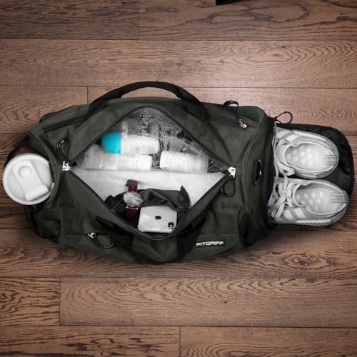 Fitgriff® Gym Bag V1 for Men & Women with Shoe & Wet Compartment - Duffle Bag for Travel, Sports, Fitness & Workout (Army Green, 19 x 10 x 10″ (Small))
