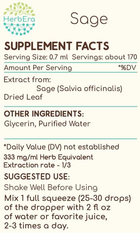 Sage B120 Alcohol-Free Herbal Extract Tincture, Concentrated Liquid Drops Natural Sage (Salvia officinalis) Dried Leaf (4 fl oz)