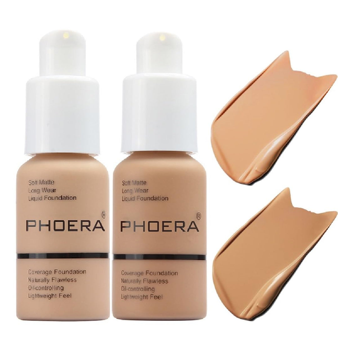 2 Pack Phoera Foundation 104- Buff Beige And 105- Sand, Full Coverage Flawless Soft Matte 24 Hr Oil Control Waterproof Concealer