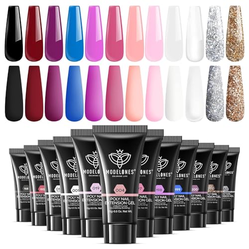 modelones 12 Colors Poly Nail Extension Gel Kit Pink Black White Red Glitter All Seasons Classic Colors Builder Nail Gel Set Holiday Manicure DIY Design Salon at Home Beauty Gifts