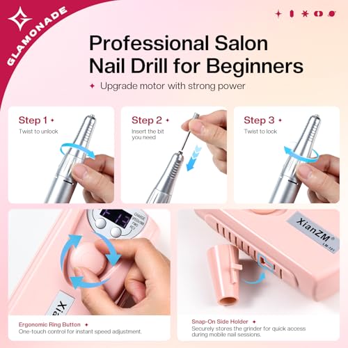 Electric Nail Drill Machine: Professional 35000 RPM E File Kit for Acrylic Gel Polish Removal Portable Manicure with Bit Home Salon