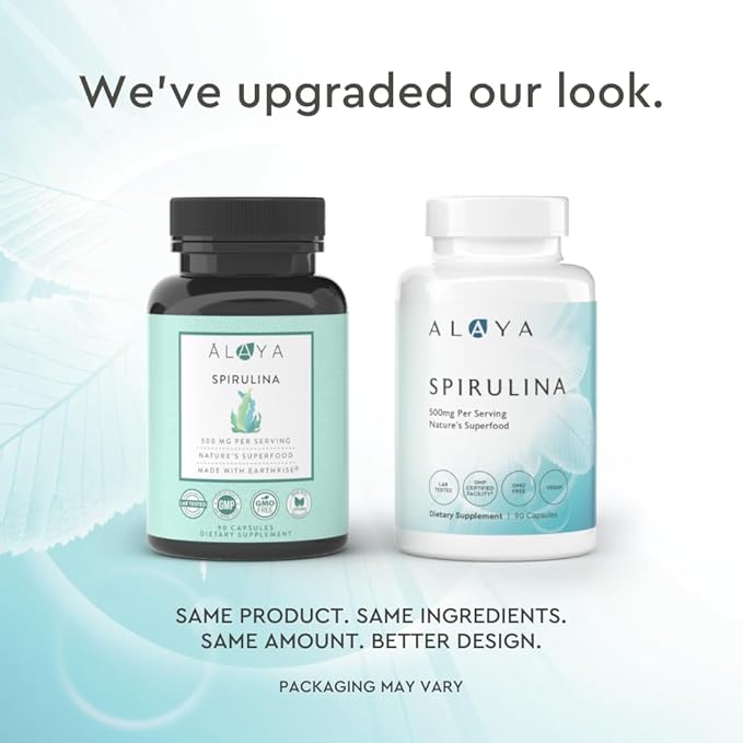 Alaya Naturals - Pure Spirulina Capsules - Made with Earthrise Spirulina, Blue Green Algae Superfood - Non-GMO & Vegan - 500 mg, 90 Capsules