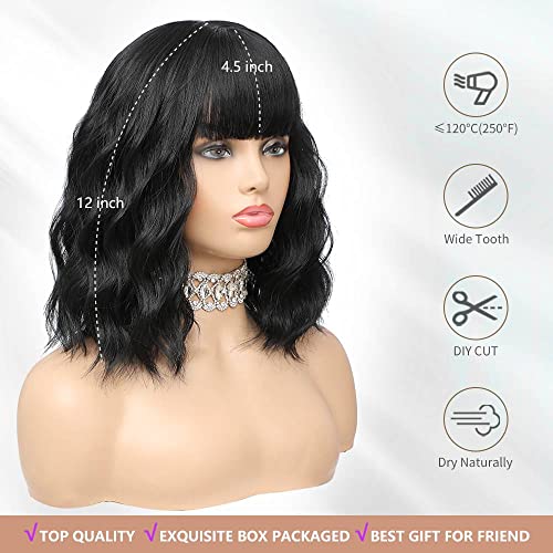 Black Wig with Bangs Wig for Women 12in Short Bob Wavy Curly Wig Natural Black Hair Wigs Heat Resistant Hair Replacement Wigs(12'' Natural Black 1B)