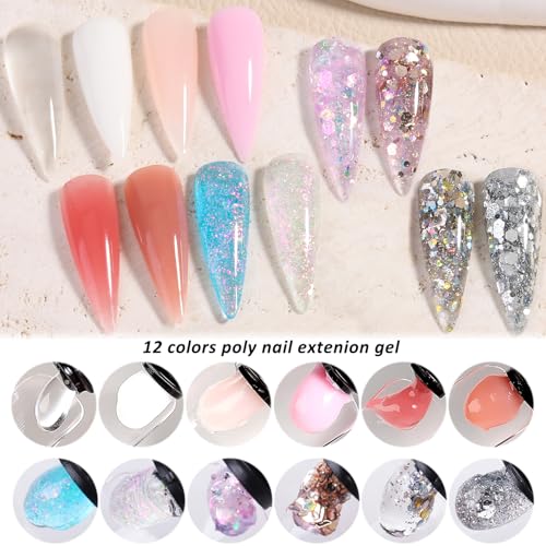 Poly Nail Gel Kit with UV Light, 12 Colors Clear Nude Pink Iridescent Glitter Extension Gel Builder Gel Starter Kit Base Top Coat Set Slip Solution Nail Gel Kit for Beginners with Everything