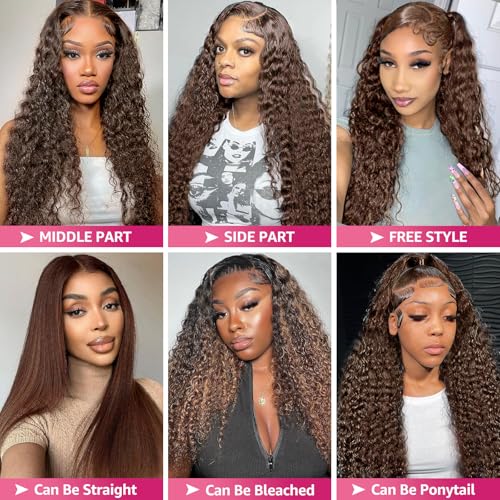 30 Inch Chocolate Brown Deep Wave Lace Front Wigs Human Hair 200 Density 13x6 HD Lace Frontal Wigs Curly Human Hair Brown Glueless Wig For Women Pre Plucked with Natural Hairline