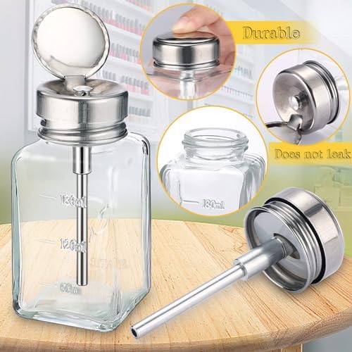 Noverlife 2PCS 6Oz / 180ml Clear Pump Dispenser Bottle, Square Glass Push Down Liquid Dispensers, Nail Polish Remover Hand Pumping Press Container with Flip Top Cap Refillable Push Down Pump Dispenser