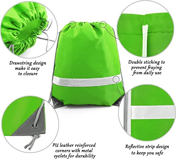 BeeGreen Fruit Green Drawstring Backpack Bulk 10 Pieces Wholesale, String Backpack for Party Gym Sport Trip, Reflective Strips Cinch Sack with String, DIY Drawstring Bags for Women and Men.