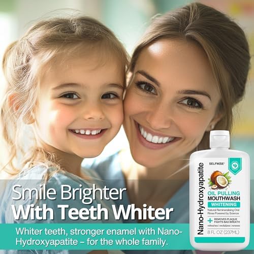 Nano-Hydroxyapatite Oil Pulling Whitening Mouthwash for Teeth and Gums, Natural & Organic, Whitens Teeth, Strengthens Enamel, Fights Bad Breath & Plaque – Smooth & Non-Greasy – for Adults & Kids