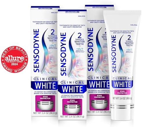 Sensodyne Clinical White Toothpaste Clinically Proven Whitening for Sensitive Teeth, Stain Protector, 3.4 oz x 3