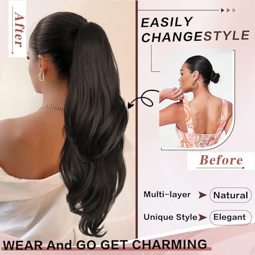Ponytail Extension, Drawstring Ponytail Extension for Women 26 Inch Long Dark Brown Wavy Layered Pony Tails Hair Extensions Synthetic Clip in Ponytail Hairpiece for Women