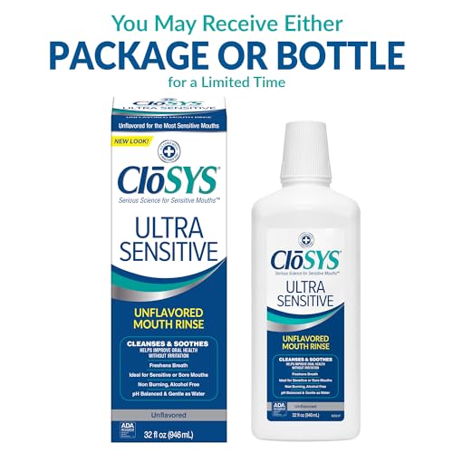 CloSYS Ultra Sensitive Mouthwash, Unflavored Alcohol Free, Dye Free, pH Balanced, Helps Soothe Entire Mouth – 32 Oz