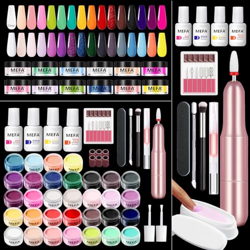 MEFA Dip Powder Nail Kit with Portable Electric Nail Drill, Summer Glitter Shimmery Hot Pink Pastel Violet Neon Orange 32 Colors Dipping Powder Liquid Set Bright Shades French Nail Art Manicure Salon