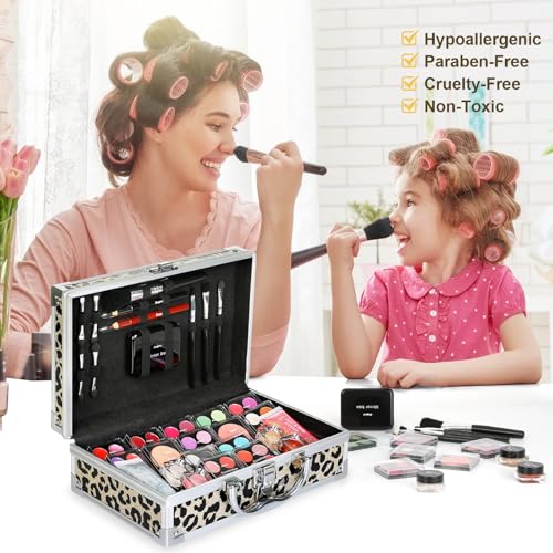 Anpro All-In-One Makeup Carry Case with Pro Teen Makeup Set, Full Starter Cosmetics Kit with Makeup Brushes, Lipsticks, Eye Shadows Palette, Blushes, Glitter Gel-Yellow Leopard