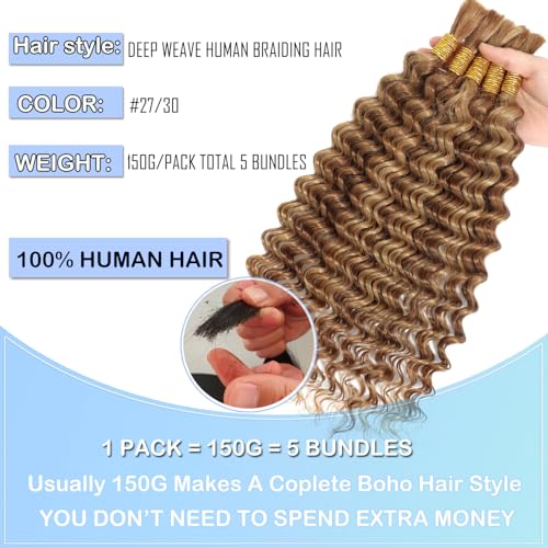 Human Braiding Hair 20 Inch 5 Bundles Deep Wave Bulk for Braiding 27/30 Ombre No Weft 100% Unprocessed 12A for Boho Braids 150g/Pack