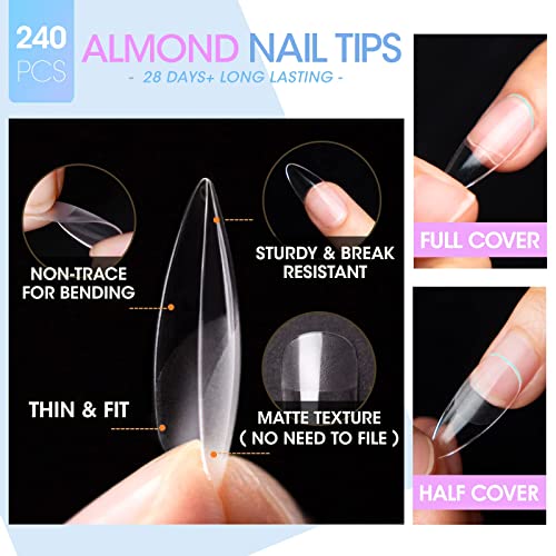 Gellen Gel Tips Nail Extension Kit, Gel Nail Kit with 240Pcs Almond Tips, 3 in 1 UV Glue for Nail Tips, Prep Dehydrator and Primer, U V LED Cure Lamp, Decorations for DIY Manicure Set