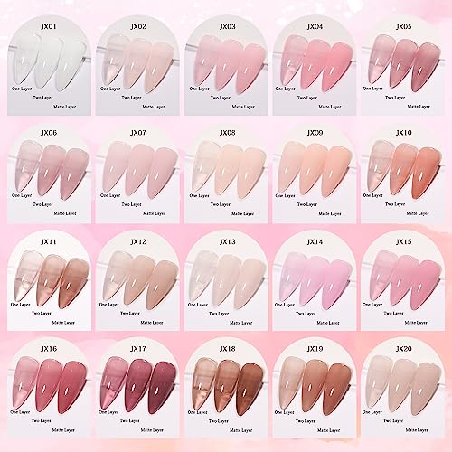 24 Pcs Jelly Nude Gel Nail Polish Set, Sheer Pink Colors Gel Polish Kit with Glossy & Matte Top Coat and Base Coat for Nail Art DIY Manicure and Pedicure at Home