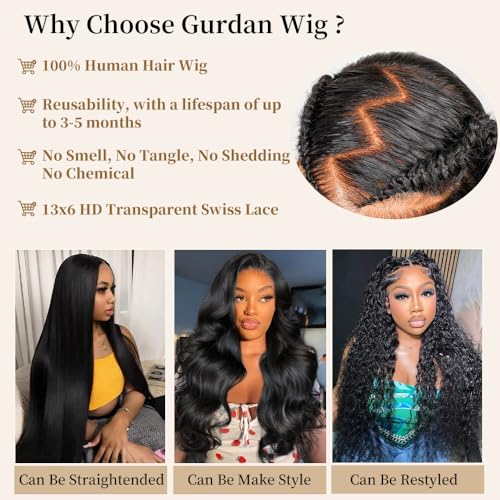 32 Inch Real Human Hair Wigs 200 Density 13x6 Body Wave Lace Front Wigs Human Hair Pre Plucked HD Transparent Lace Frontal Wigs Natural Black Glueless Wig
