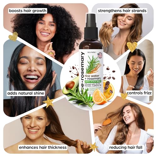 NEW Fermented Rice Water Hair Growth Spray with Rosemary, Biotin, Keratin, Caffeine, Vitamins C & B5 - For Thinning Hair, Hairfall, Thicker, Longer, Softer Hair - All Hair Types - Men & Women